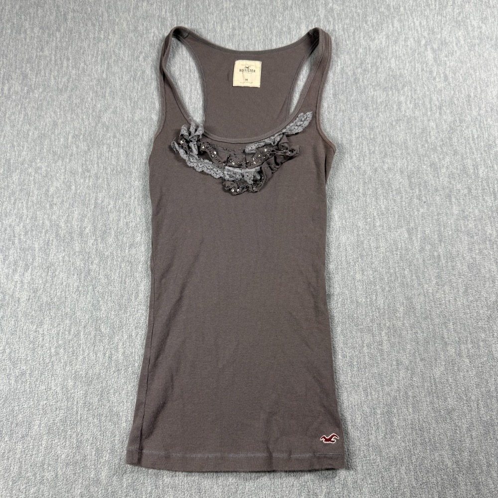 Hollister Tank Top Womens M Brown Lace Ruffle Ribbon Trim Ribbed Cami Cotton